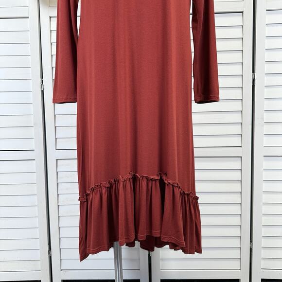 New Stevie Hender Brick Red Tiered Maxi Dress Long Sleeve Stretch Knit Size M - Picture 3 of 8